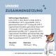 Hund mit herausgestreckter Zunge neben einer Liste der Zutaten für Nassfutter, die Lachs, Huhn, Gemüse und Nährwertangaben enthält. Text: "Unsere Zusammensetzung."
