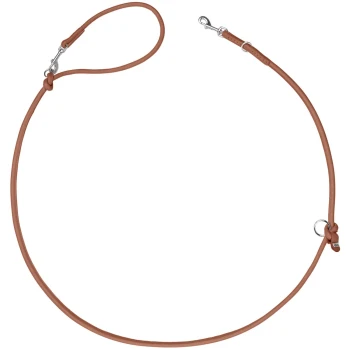 Hellbraune/braune Leder-Schlaufleine mit Metallschnappverschluss, O-Ring und verstellbaren Knoten auf weißem Hintergrund.