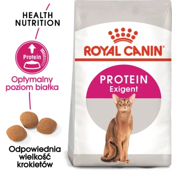 Torba z jedzeniem dla kotów Royal Canin Protein Exigent z ilustracją brązowego kota, z tekstem podkreślającym optymalne poziomy białka i rozmiar krokietów.