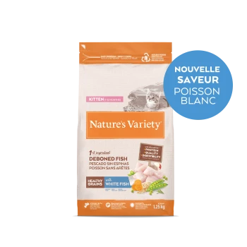 Sac de nourriture pour chaton Nature's Variety avec poisson blanc désossé, céréales saines, 1,25 kg, nouvelle étiquette saveur poisson blanc.
