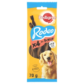 Friandises pour chiens Pedigree Rodeo, saveur boeuf, paquet de 70g, avec un golden retriever sur le devant et un texte mettant en avant Omega 3 et Vitamine E.