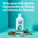 Eine Flasche Green Hero Bronchial Flüssigkeit für Haustiere, umgeben von Kräutern und einem Glas, das natürliche Atemunterstützung fördert.