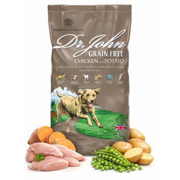 12,5 kg Beutel Dr. John Getreidefreies Hundefutter mit Huhn und Kartoffeln, mit einem laufenden Hund und Angaben zu 25% Protein und hypoallergen.
