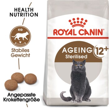 Royal Canin Ageing 12+ Sterilised Katzenfutterbeutel mit einer grauen Katze, mit Text, der gesunde Ernährung, stabiles Gewicht und angepasste Krokettengröße hervorhebt.
