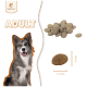 Hundefutter für Erwachsene von Wildfang, mit einem lächelnden grau-weißen Hund, mit gezeigten Futtergrößen (14 mm und 5 mm).