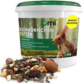 1kg 'Orni Eichhörnchen Futter' Futterbehälter mit einem Eichhörnchen auf dem Etikett und verstreuten Samen und Nüssen darunter.
