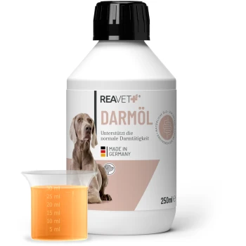 250ml Flasche REAVET Darmöl für Hunde mit Messbecher; orange Flüssigkeit; der Text lautet "Unterstützt die normale Darmfunktion" und "Hergestellt in Deutschland."