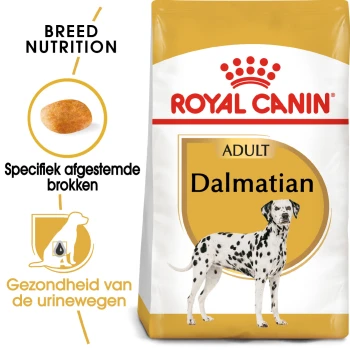 Royal Canin Adult Dalmatian hondenvoer zak met ras-specifieke voeding, brokjesvorm en gezondheidsvoordelen voor de urinewegen.