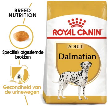 Royal Canin Adult Dalmatian hondenvoer zak met ras-specifieke voeding, brokjesvorm en gezondheidsvoordelen voor de urinewegen.