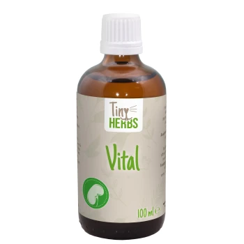 Braune Glasflasche mit dem Etikett "Tiny Herbs Vital" und einem weißen Deckel, die 100 ml Haustierergänzungsmittel enthält, mit einem Nieren-Symbol.
