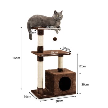 Eine graue Katze entspannt sich auf einem mehrstöckigen Katzenbaum mit einem Kratzbaum, mit den Abmessungen: Höhe 85 cm, Basis 50x30 cm, Plattformen 30x40 cm.