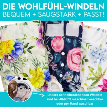 Bunte Haustierwindeln, die in einer Reihe ausgestellt sind, mit floralen Mustern. Der Text hebt Komfort, Saugfähigkeit und Waschhinweise hervor.