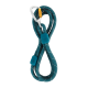 Eine türkisfarbene Hundeleine aus strapazierfähigem Seil, mit einem silbernen Karabiner und zwei blauen Gummigriffen mit dem Logo "Holly Holt."