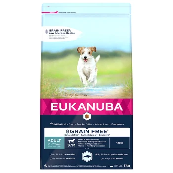 Eukanuba getreidefreies Trockenfutter für Hunde in einer Tüte mit einem laufenden Hund auf der Vorderseite, gekennzeichnet für kleine und mittelgroße Rassen, 3 kg.