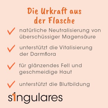 Anzeige für ein Haustier-Supplement, das Vorteile hervorhebt: natürliche Neutralisation von Magensäure, Unterstützung der Darmflora, glänzendes Fell und Blutbildung.
