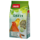 Eine Tüte Panto Kanarienvogel-Futter mit einem gelben Kanarienvogel und einem roten Kanarienvogel auf der Vorderseite, mit Text, der Mineralien und die Vitamine A, D und E hervorhebt.