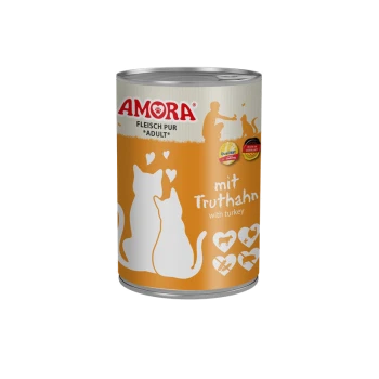 Dose AMORA Katzenfutter für Erwachsene, orange Etikett mit der Aufschrift 'mit Truthahn / with turkey', weißen Katzensilhouetten, Herzen und Qualitätsabzeichen.