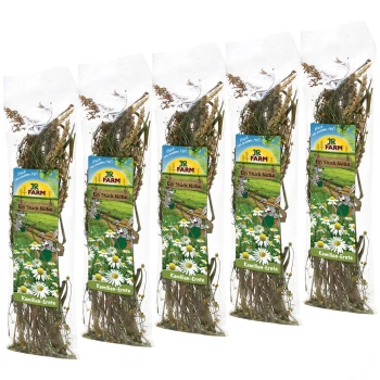 Fünf Pakete JR FARM getrocknete Kamille, mit einem bunten Etikett mit Cartoon-Tieren und dem Text 'Ein Stück Natur' und 'Kamillen-Ernte.'