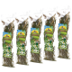 Fünf Pakete JR FARM getrocknete Kamille, mit einem bunten Etikett mit Cartoon-Tieren und dem Text 'Ein Stück Natur' und 'Kamillen-Ernte.'