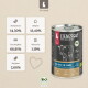 Liebesgut BIO Dosenfutter (Bio‑Rind) mit Kuh-Illustration; Angaben: Rohprotein 14,3%, Rohfett 13,4%.