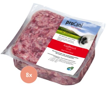 Verpackung für Hundefutter mit Geflügel von proCani, mit einem pinken Fleischblock in einer klaren Schale, auf Deutsch beschriftet mit einem grünen Logo.