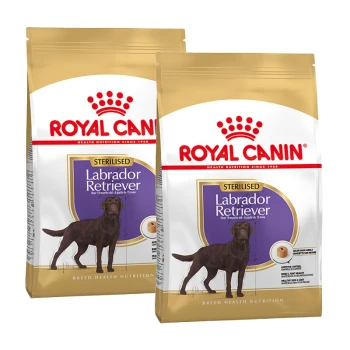 Zwei Tüten Royal Canin Hundefutter mit der Aufschrift 'Sterilised Labrador Retriever', mit einer Illustration eines braunen Labradors und Nährwertinformationen.