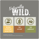 Image promoting pet food with the text "Naturally WILD." Features icons and claims: "WITH LOTS OF meat/fish," "NO cereals," and "NO additives."