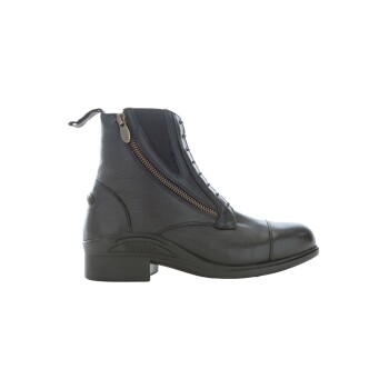 Schwarze Leder-Ankle-Boots mit einem seitlichen Reißverschluss und dekorativer Schnürung, mit einem niedrigen Absatz und strukturierten Details.