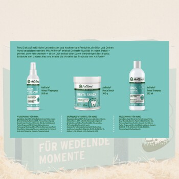AniForte Haustierpflegeprodukte: Kokosnuss-Spray, Denta Snack und Kokosnuss-Shampoo für Hunde, die Details und Vorteile präsentieren.