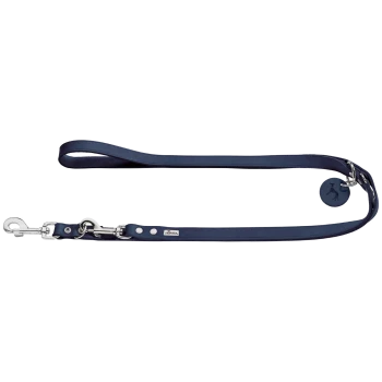 Marineblaues Hundeleine mit einem silbernen Clip und einem runden Anhänger mit einem Hundesilhouette, beschriftet mit "HUNTER."