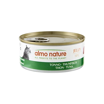 Boîte de nourriture pour chats Almo Nature — thon en gelée ; couvercle doré, étiquette verte avec le logo almo nature et silhouette de chat.