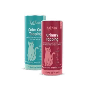 KatKare Cat Toppings: türkisfarbene 'Calm Cat Topping'-Zylinder und roter 'Urinary Topping'-Zylinder mit Katzenillustration.