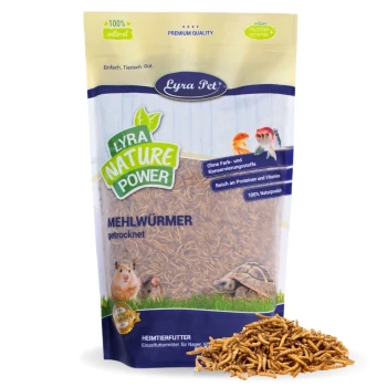 Wiederverwendbare Tüte mit Lyra Nature Power getrockneten Mehlwürmern, die einen Hamster, einen Fisch und eine Schildkröte zeigt und hohen Protein- und Vitamingehalt betont.