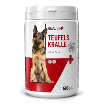 Behälter mit REAVET Teufelskralle Gelenk-Pulver für Hunde, mit einem Deutschen Schäferhund auf dem Etikett, 500g Größe.