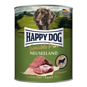 Dosenfutter für Hunde "Happy Dog Sensible Pure Neuseeland" mit einem braunen Hund, rohem Lamm und dem Etikett "Lamm Pur".