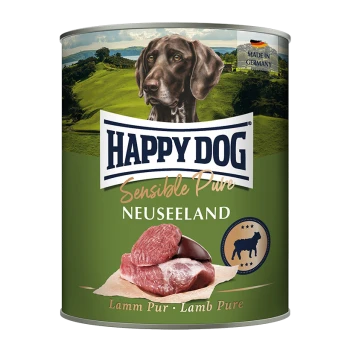Dosenfutter für Hunde "Happy Dog Sensible Pure Neuseeland" mit einem braunen Hund, rohem Lamm und dem Etikett "Lamm Pur".