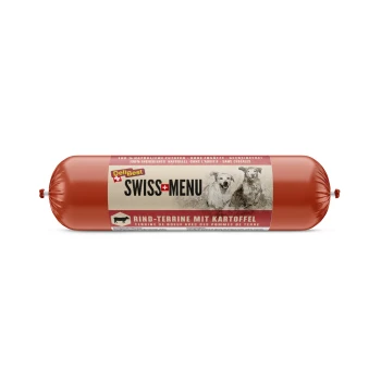 Emballage de nourriture pour chiens DeliBest Swiss Menu en rouge cylindrique, étiqueté 'Rind-Terrine mit Kartoffel', présentant deux chiens et des ingrédients naturels en surbrillance.