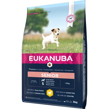 Sac de nourriture pour chiens Eukanuba Senior pour petites races, 3kg, avec un chien sur le devant, riche en poulet frais, adapté aux chiens de plus de 11 ans.