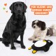 Ein schwarzer Hund und ein kleiner braun-weißer Hund sitzen auf einer weißen Fläche neben einem plüschigen Pinguinspielzeug. Text lautet "FÜR KLEINE UND GROSSE HUNDE GEEIGNET."