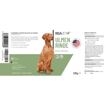 Etikett für REAVET Ulmenrinde, ein natürliches Pulver für Hunde und Katzen, das die Verdauungsgesundheit fördert mit Anwendungshinweisen und ernährungsphysiologischen Vorteilen.