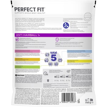 Perfect Fit Katzenfutterbeutel, 750g, der 'Anti Haarball 1+' hervorhebt mit Vorteilen für gesunde Haut, Verdauung und allgemeine Gesundheit.