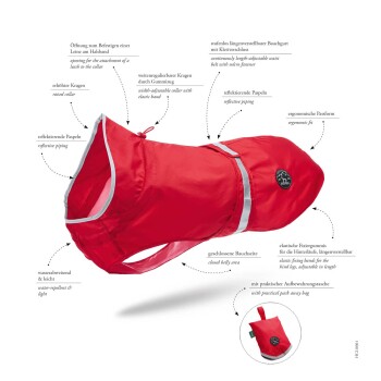 Rote Hunderegenjacke mit reflektierenden Paspeln, verstellbarem Kragen und Taille, wasserabweisendem Material und einer Packtasche.