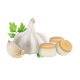 Knoblauchknolle mit Zehen und grünen Petersilienblättern, begleitet von drei runden, beigen Haustierleckerlis.