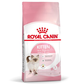 Pink-and-white Royal Canin kitten food bag labeled "ROYAL CANIN" and "KITTEN Up to 12 months" with a fluffy kitten image.