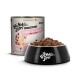 Lucky Jim 'Rind & Lamm' (Beef & Lamb) Adult-Hundefutterdose und schwarze Lucky Jim-Schüssel gefüllt mit Nassfutter.
