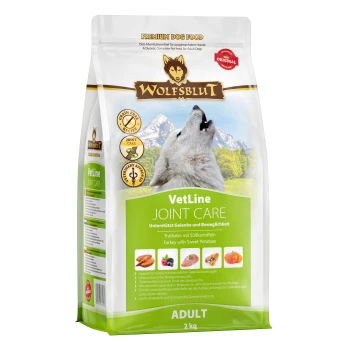 Wolfsblut VetLine Joint Care Hundefuttertüte, 2 kg, mit einem heulenden Wolf, grünem Hintergrund und Text, der Truthahn und Süßkartoffeln hervorhebt.