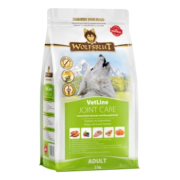 Sac de nourriture pour chiens Wolfsblut VetLine Joint Care, 2 kg, présentant un loup hurlant, un fond vert et un texte mettant en avant la dinde et les patates douces.