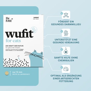 Dr. Sam Wufit für Katzen Supplement-Box mit Vorteilen für Verdauung, Darmgesundheit und natürlichen Inhaltsstoffen in deutscher Sprache.