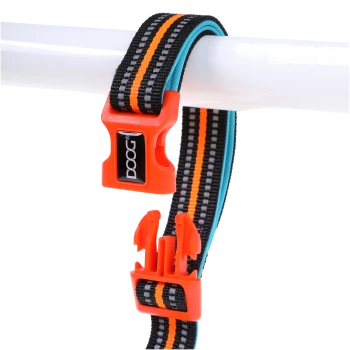 Ein farbenfrohes Hundehalsband mit einem schwarzen Riemen und orangefarbenen sowie türkisfarbenen Streifen, gesichert mit einer orangefarbenen Kunststoffschnalle, die "DOOG" beschriftet ist.