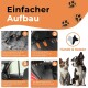 Schritt-für-Schritt-Anleitung zur Installation eines Autositzbezugs für Haustiere mit vier Bildern, beschriftet mit "Einfacher Aufbau" und "Hunde & Katzen," plus einem Hund und einer Katze.